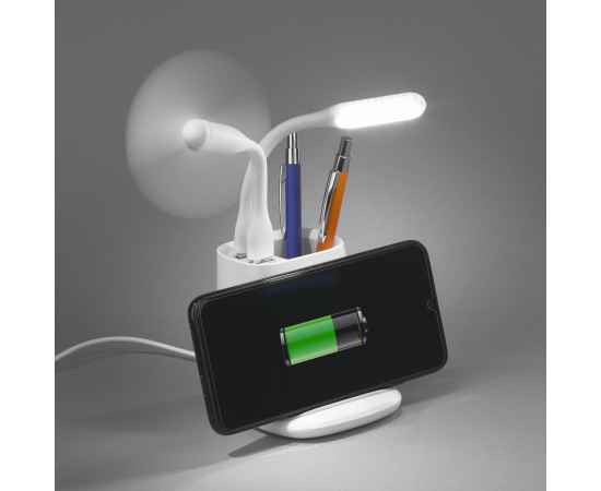 Карандашница 'Smart Stand' с беспроводным зарядным устройством, вентилятором и лампой (2USB разъёма), белый, Цвет: белый, изображение 2