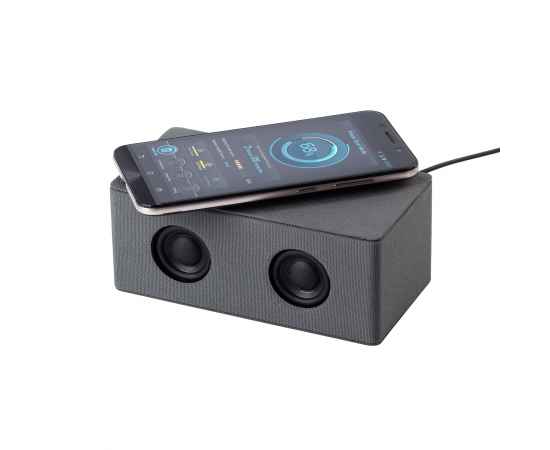 Bluetooth колонка 'Cool Gray' с двумя динамиками (2х3Вт) и беспроводным зарядным устройством, переработанный пластик (RPET), серый, Цвет: серый, изображение 4