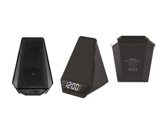 Настольная Bluetooth колонка (3Вт) 'Smart Pyramid' с часами и беспроводным (15W) зарядным устройством, с подсветкой логотипа, черный, Цвет: черный, изображение 2