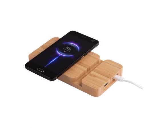 Беспроводное (10W) зарядное устройство 'Bamboo Power' 5000 mAh с подставкой под смартфон, бамбук, бежевый, изображение 3