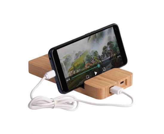 Беспроводное (10W) зарядное устройство 'Bamboo Power' 5000 mAh с подставкой под смартфон, бамбук, бежевый, изображение 4