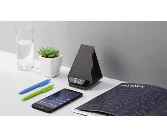 Настольная Bluetooth колонка (3Вт) 'Smart Pyramid' с часами и беспроводным (15W) зарядным устройством, с подсветкой логотипа, черный, Цвет: черный, изображение 4