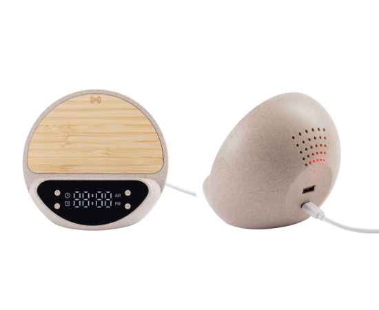 Настольные часы 'Smiley' с беспроводным (10W) зарядным устройством и будильником, пшеница/бамбук/пластик, бежевый, изображение 3