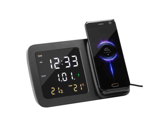 Настольные часы 'Smart Screen' с беспроводным (15W) зарядным устройством, гигрометром, термометром, календарём, с подсветкой логотипа, черный, изображение 2