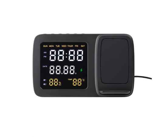 Настольные часы 'Smart Screen' с беспроводным (15W) зарядным устройством, гигрометром, термометром, календарём, с подсветкой логотипа, черный, изображение 3