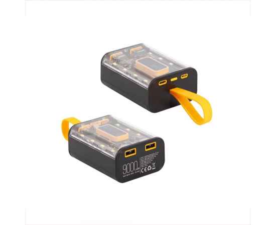 Зарядное устройство 'Shine' 9000 mAh с LED-подсветкой, встроенными кабелями Type-C/Lightning/USB, черный с желтым, изображение 2