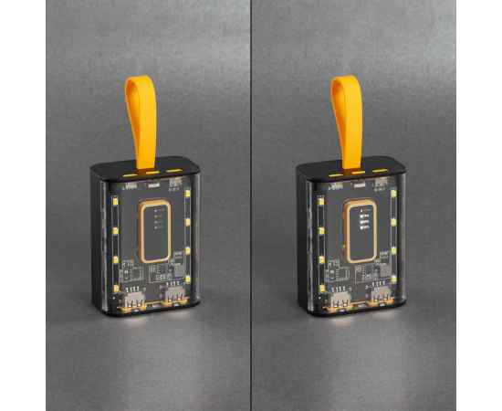 Зарядное устройство 'Shine' 9000 mAh с LED-подсветкой, встроенными кабелями Type-C/Lightning/USB, черный с желтым, изображение 3