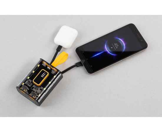 Зарядное устройство 'Shine' 9000 mAh с LED-подсветкой, встроенными кабелями Type-C/Lightning/USB, черный с желтым, изображение 5