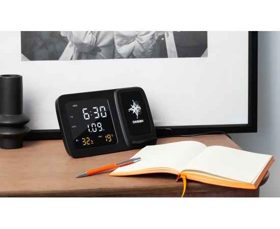 Настольные часы 'Smart Screen' с беспроводным (15W) зарядным устройством, гигрометром, термометром, календарём, с подсветкой логотипа, черный, изображение 7