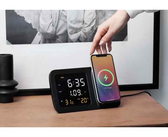Настольные часы 'Smart Screen' с беспроводным (15W) зарядным устройством, гигрометром, термометром, календарём, с подсветкой логотипа, черный, изображение 8