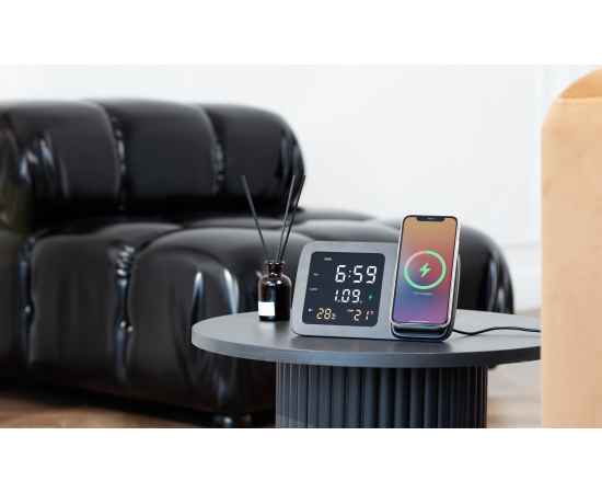 Настольные часы 'Smart Screen' с беспроводным (15W) зарядным устройством, гигрометром, термометром, календарём, с подсветкой логотипа, черный, изображение 10