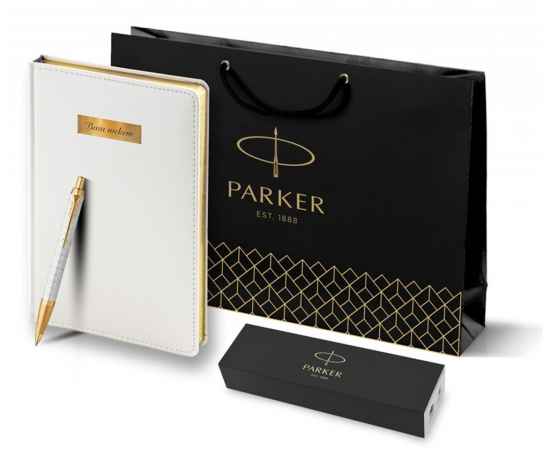Подарочный набор: Ручка шариковая Parker IM Premium K318 Pearl GT, цвет чернил синий и белый недатированный ежедневник с золотым срезом, изображение 9