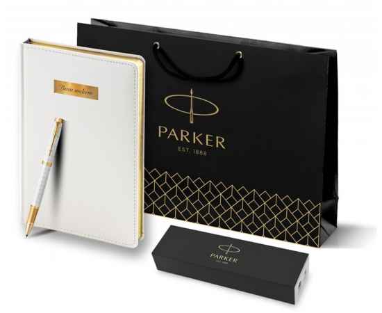 Подарочный набор: Ручка роллер Parker IM Premium T318 Pearl GT, цвет чернил черный и белый недатированный ежедневник с золотым срезом, изображение 10