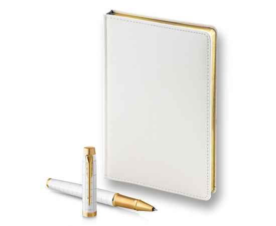 Подарочный набор: Ручка роллер Parker IM Premium T318 Pearl GT, цвет чернил черный и белый недатированный ежедневник с золотым срезом, изображение 3