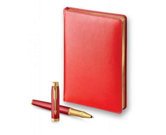 Подарочный набор: Ручка роллер Parker IM Premium T318 Red GT, цвет чернил черный и красный недатированный ежедневник с золотым срезом, изображение 3