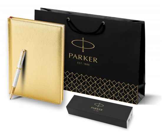 Подарочный набор: Ручка роллер Parker IM Premium T318 Pearl GT, цвет чернил черный и золотистый ежедневник с золотым срезом, изображение 10