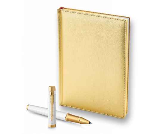 Подарочный набор: Ручка роллер Parker IM Premium T318 Pearl GT, цвет чернил черный и золотистый ежедневник с золотым срезом, изображение 3