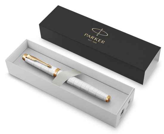 Подарочный набор: Ручка перьевая Parker IM Premium F318 Pearl GT, цвет чернил синий и золотистый ежедевник с золотым срезом, изображение 8