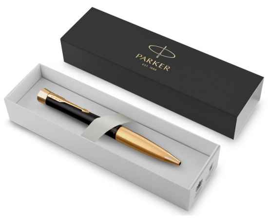 Шариковая ручка Parker Urban (матовый черный лак) Muted Black Gold Finish Trim, стержень: M, цвет чернил: blue, в подарочной упаковке., изображение 2