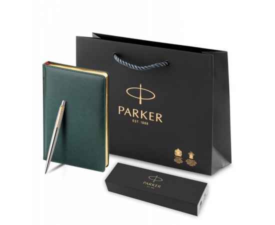 Подарочный набор Parker: темно-зеленый ежедневник с золотыми страницами и шариковая ручка Jotter Essential, стержень синего цвета, изображение 8