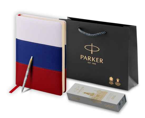 Подарочный набор:Шариковая ручка Parker Jotter Russia SE, цвет: St. Steel GT и Ежедневник недатир. триколор, изображение 5