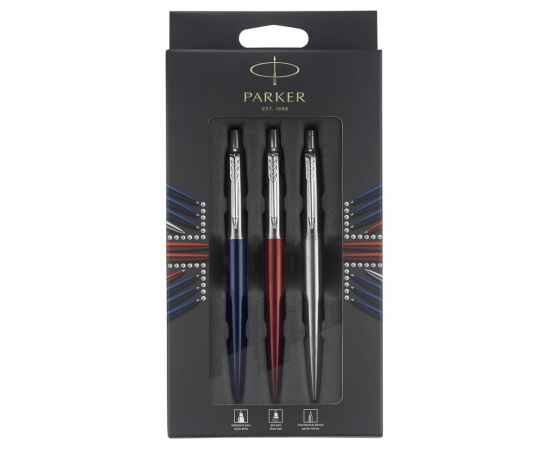 Подарочный набор Parker Jotter London Trio: гелевая ручка Red CT + шариковая ручка Blue CT + карандаш Stainless Steel CT и Ежедневник недатир.триколор, изображение 2