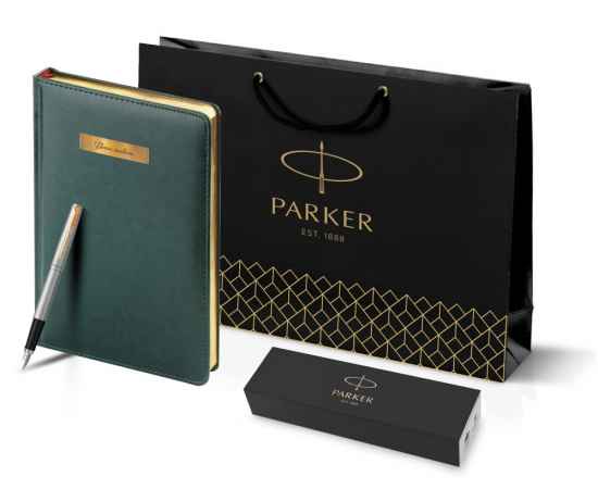 Подарочный набор: Ручка перьевая Parker Jotter Stainless Steel GT и Ежедневник зеленый недатированный, изображение 10