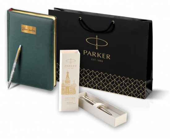 Подарочный набор: Шариковая ручка Parker Jotter Russia Steel GT и Ежедневник недатированный Зеленый  золотой срез, изображение 10