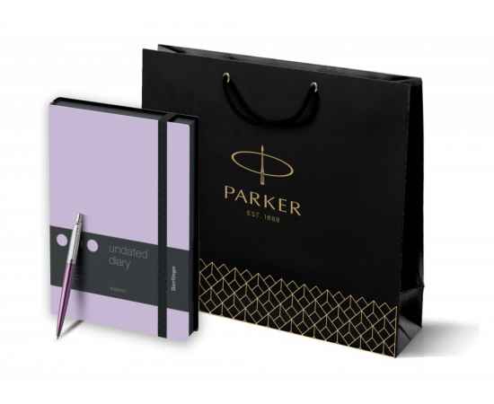 Подарочный набор: Шариковая ручка Parker 'Jotter Victoria Violet Chrome CT' и Ежедневник недатир., черный/лаванда, с резинкой, изображение 11