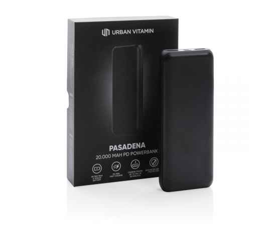 Внешний аккумулятор Urban Vitamin Pasadena с быстрой зарядкой PD, 18 Вт, 20000 мАч, черный,, Размер: Длина 1 550 см., ширина 630 см., высота 230 см., диаметр 0 см., изображение 2