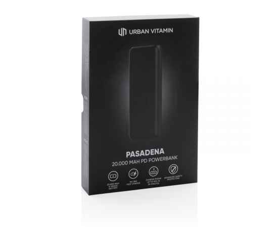 Внешний аккумулятор Urban Vitamin Pasadena с быстрой зарядкой PD, 18 Вт, 20000 мАч, черный,, Размер: Длина 1 550 см., ширина 630 см., высота 230 см., диаметр 0 см., изображение 8
