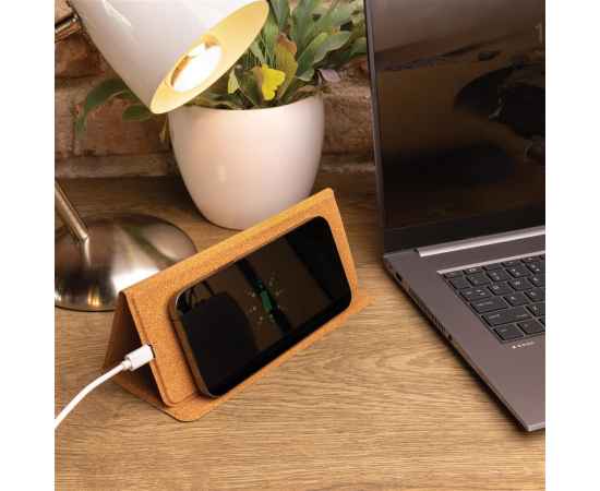 Коврик для мыши Cork с функцией беспроводной зарядки и подставки для телефона, 10 Вт, коричневый,, изображение 5