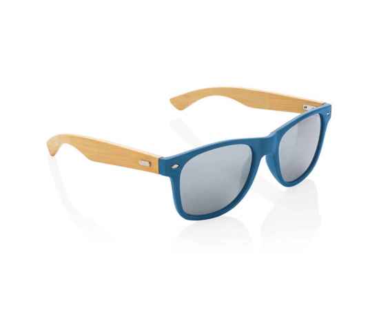 Солнцезащитные очки из переработанного пластика RCS с бамбуковыми дужками, Синий, Цвет: синий,, Размер: Длина 14,3 см., ширина 14,4 см., высота 4,8 см., диаметр 0 см.