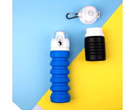 Бутылка для воды складная с карабином SPRING, синяя, 550/250 мл, силикон, Цвет: синий, изображение 4