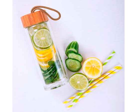 Бутылка для воды BURDIS, 420 мл, стекло/бамбук, Цвет: бежевый, изображение 2