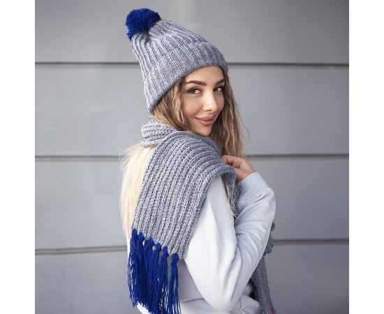 Вязаный комплект шарф и шапка GoSnow, меланж c фурнитурой, синий, 70% акрил,30% шерсть, Цвет: синий, изображение 6