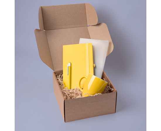 Подарочный набор JOY: блокнот, ручка, кружка, коробка, стружка, жёлтый, изображение 7