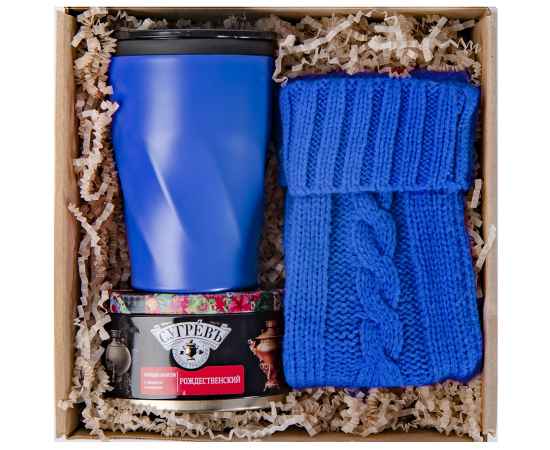 Подарочный набор LET IT JOY: перчатки сенсорные, термокружка, чай, синий, Цвет: синий, изображение 2
