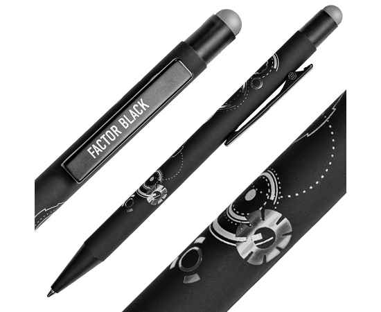 Ручка шариковая FACTOR BLACK со стилусом, черный/серебро, металл, пластик, софт-покрытие, Цвет: черный, серебристый, изображение 6