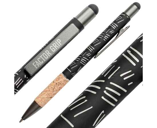 Ручка шариковая FACTOR GRIP со стилусом, черный/темно-серый, металл, пластик, пробка, софт-покрытие, Цвет: черный, бежевый, изображение 8