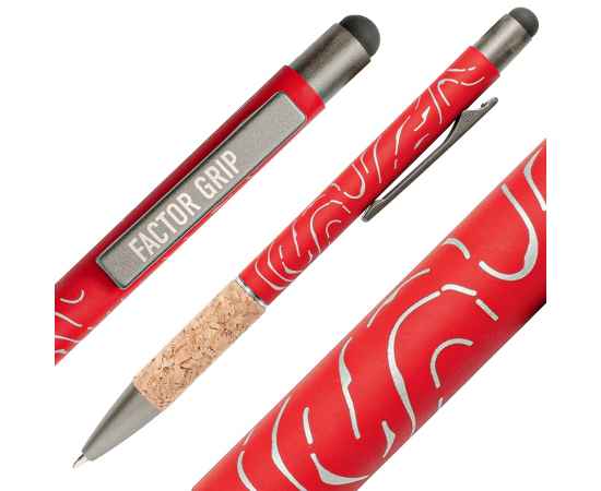 Ручка шариковая FACTOR GRIP со стилусом, красный/темно-серый, металл, пластик, пробка, софт-покрытие, Цвет: красный, серый, изображение 8
