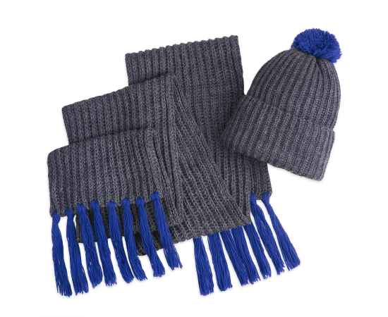 Вязаный комплект шарф и шапка 'GoSnow', антрацит c фурнитурой, синий, 70% акрил,30% шерсть, Цвет: синий, изображение 2