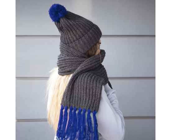 Вязаный комплект шарф и шапка 'GoSnow', антрацит c фурнитурой, синий, 70% акрил,30% шерсть, Цвет: синий, изображение 6