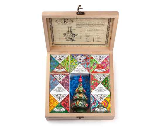 Шкатулка с лого Сугревъ  с 7 чаями и подарочной елкой - матрешкой, Цвет: бежевый, Размер: 23,5 х 23,5 х 9,5 см, изображение 3