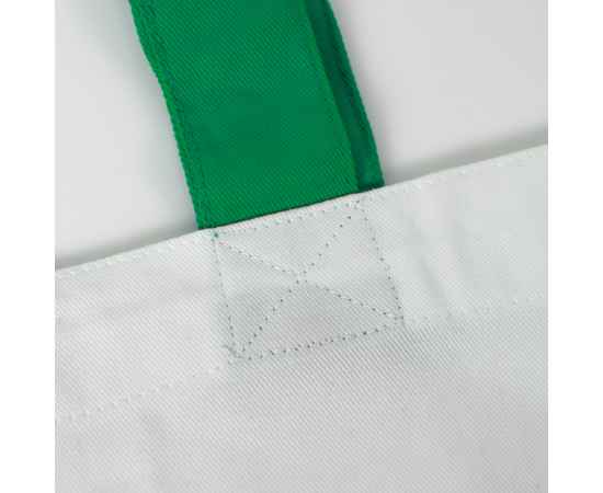 Сумка START, белая с зелеными ручками,  100% х/б, 220 г/м2, Цвет: зеленый, белый, Размер: 36,5х35 длина ручек 70см, дно 5 см, изображение 4
