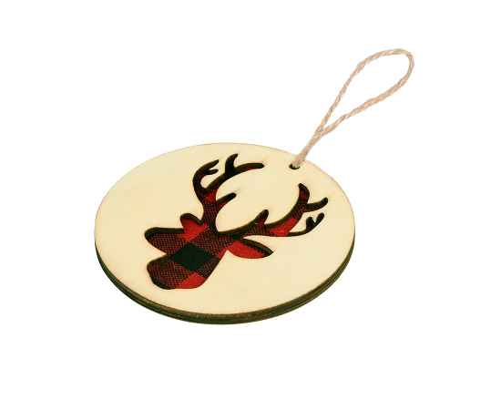 Украшение новогоднее 'Red deer',диаметр 9 см , фанера, бежевый, красный, Цвет: бежевый, изображение 2