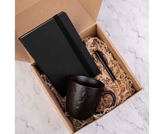 Набор подарочный BLACKNGOLD: кружка, ручка, бизнес-блокнот, коробка со стружкой, Цвет: Чёрный, изображение 3