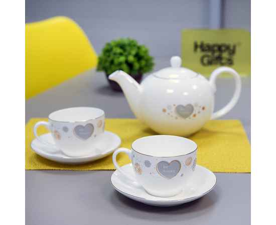 Набор GOLD: две чайных пары и чайник в подарочной упаковке, 250мл и 1200мл, костяной фарфор, Цвет: белый, изображение 6