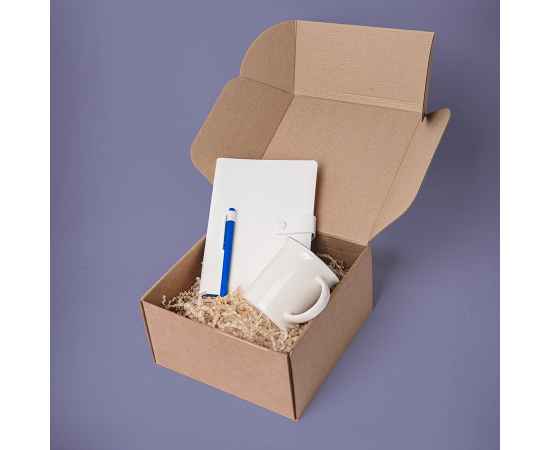 Набор подарочный : кружка, блокнот, ручка, коробка, стружка, белый с синим, изображение 7