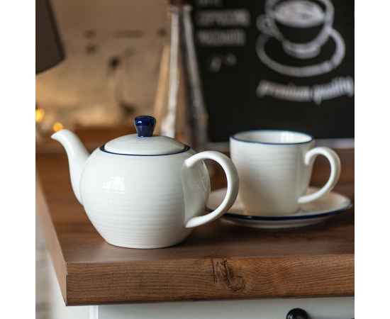 Набор SEAWAVE: чайная пара и чайник в подарочной упаковке, 200мл и 500мл, фарфор, Цвет: белый, синий, изображение 5